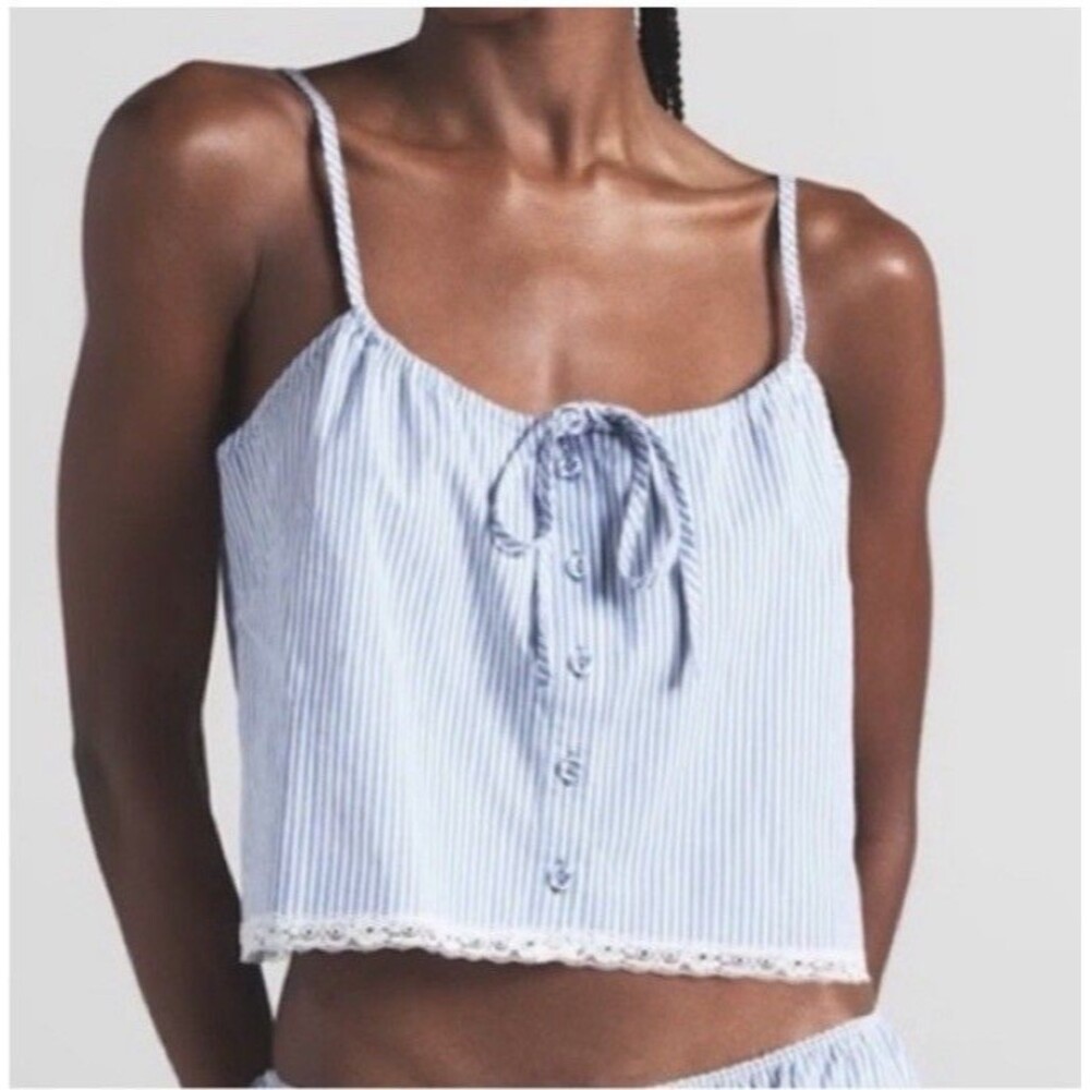 SKIMS Cotton Poplin Tank Cami Sleep Top Cadet Stripe Blue Women's Size XL NWT